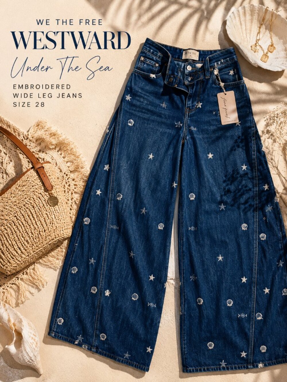 We The Free Westward Embroidered Under The Sea Wide Leg Jeans Size 28 New W Tags